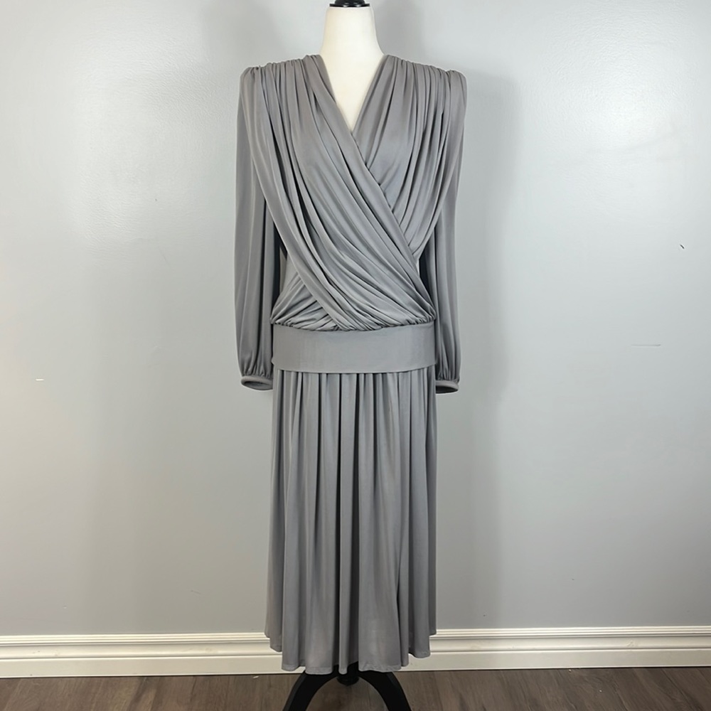 Maggy Reeves for Beker Fashion Enterprises Vintage 1980s Draping Grey Dress